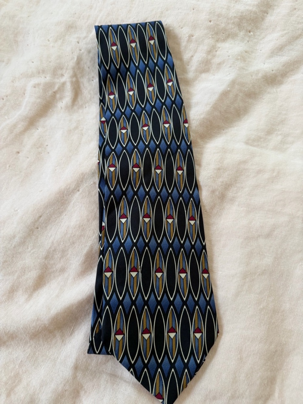 Albert Nipon Blue Geometric Oval-Pattern Tie with Burgundy Accents